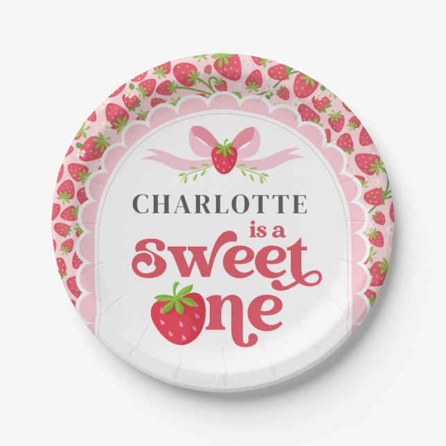Sweet One Strawberry 1st Birthday 7" Round Paper Plates (Front)