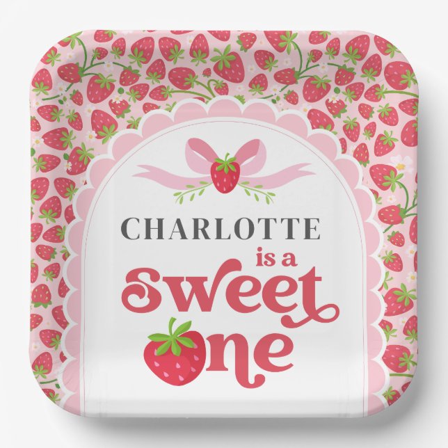 Sweet One Strawberry 1st Birthday 9" Square Paper Plates (Front)