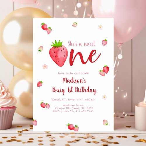 Sweet One Strawberry Berry First Birthday Invitation