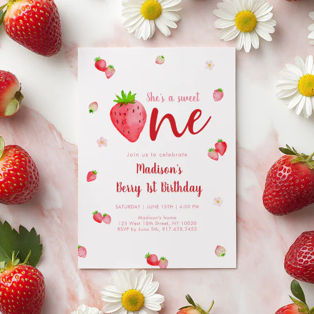 Sweet One Strawberry Berry First Birthday Invitation | Zazzle