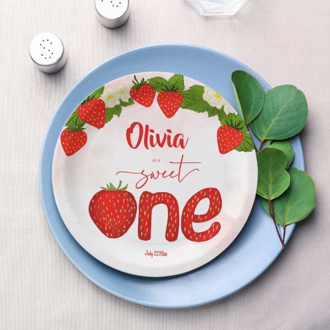 Sweet one strawberry birthday party printed paper plates (Sweet one strawberry birthday party printed paper plates template personalized tableware decor)