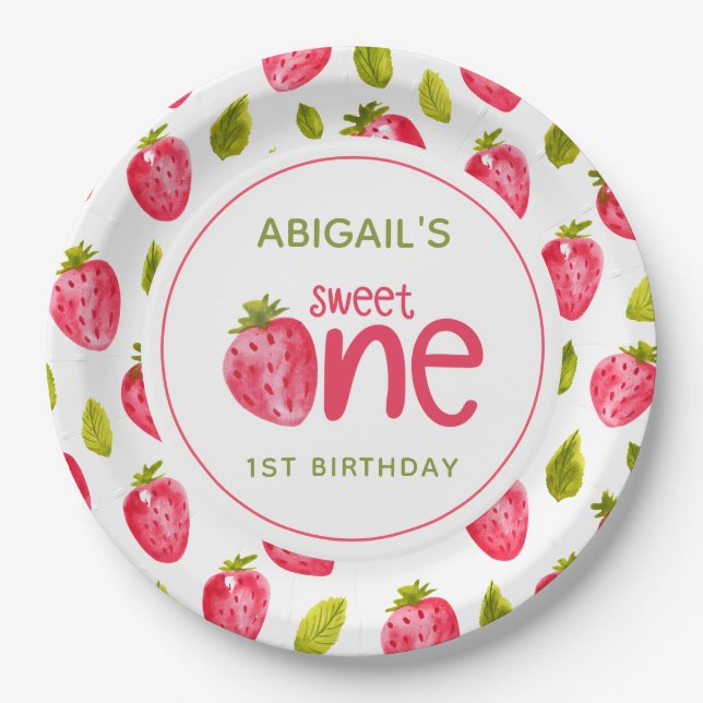 Sweet One Strawberry First Birthday Paper Plates (Front)