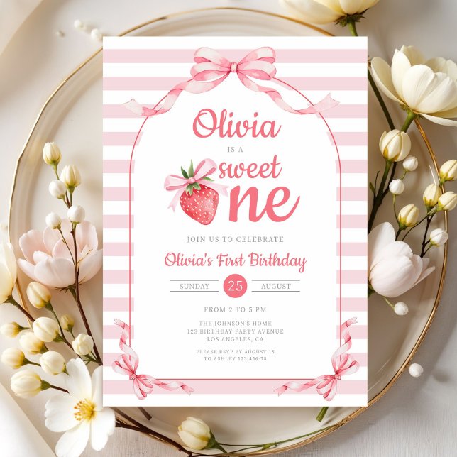 Sweet One Strawberry Girl 1st Birthday Invitation (Sweet One Strawberry Girl 1st Birthday Invitation)