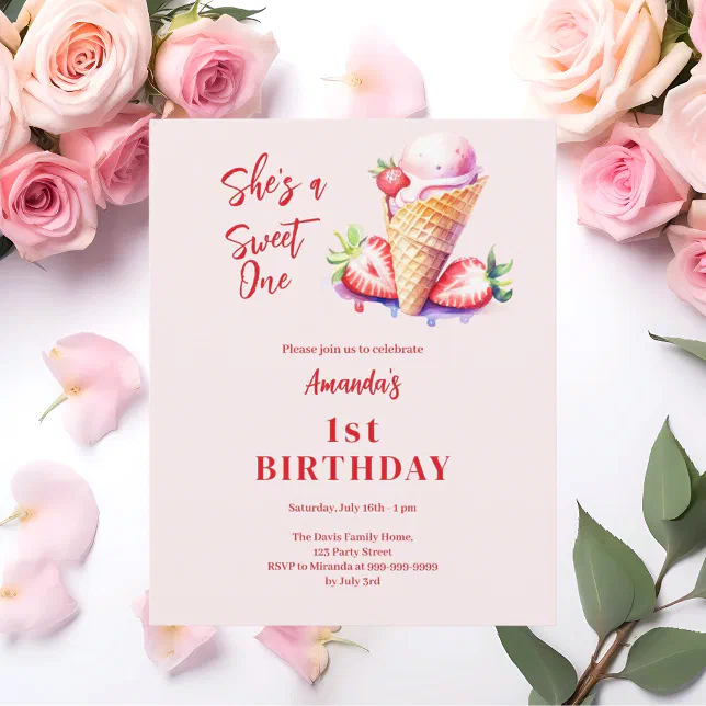 Sweet One Strawberry ice 1st Birthday invitation | Zazzle
