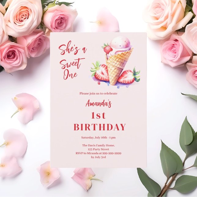 Sweet One Strawberry ice cream 1st Birthday Invitation (Creator Uploaded)