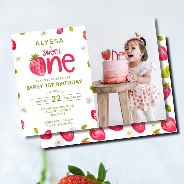 Sweet ONE Strawberry Photo Berry First Birthday Invitation (Creator Uploaded)