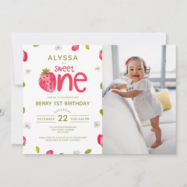Sweet ONE Strawberry Photo First Birthday Invitation (Front)