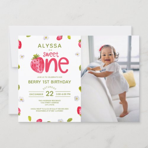 Sweet ONE Strawberry Photo First Birthday Invitation