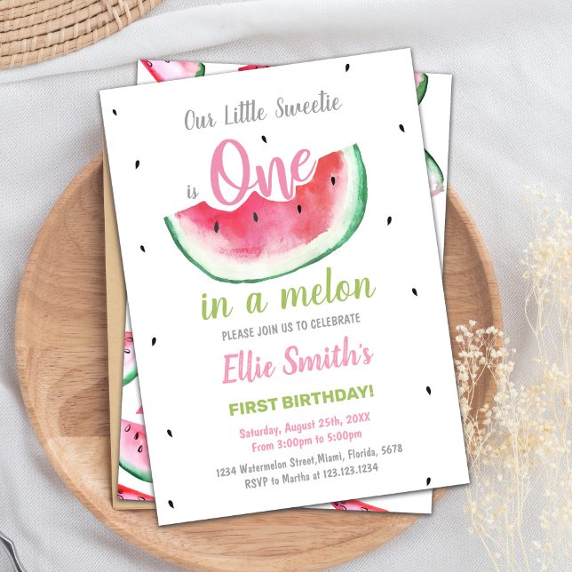 Sweet One Summer Party Card for Girls (1st Watermelon Birthday Invitations)