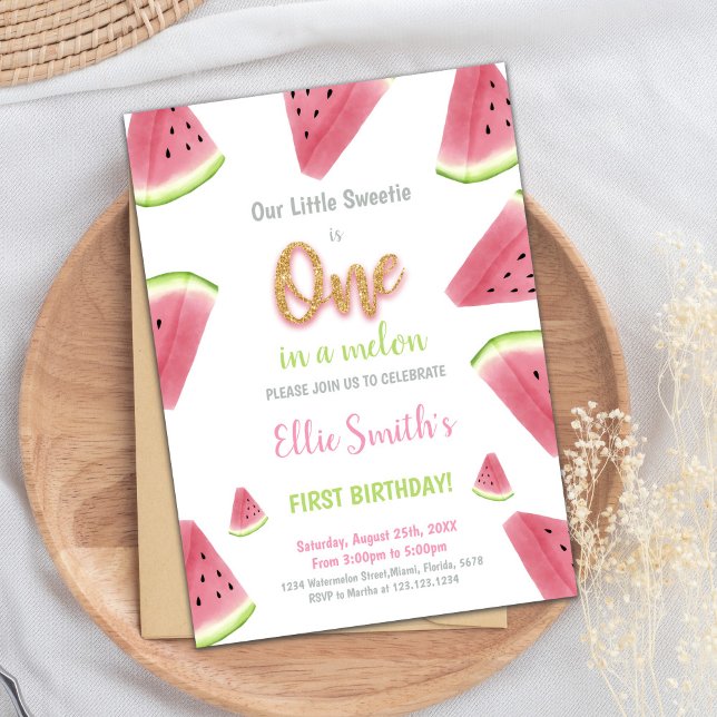 Sweet One Summer Party Card for Girls (Glitter Watermelon Birthday Invitations)