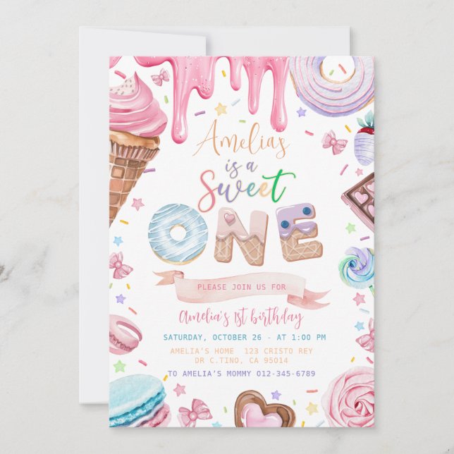 Sweet one Sweets Dessert Donut Candy Birthday Invitation (Front)