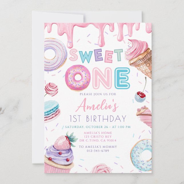 Sweet one Sweets Dessert Donut Candy Birthday  Invitation (Front)
