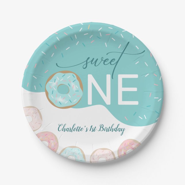 Sweet One Teal Frosting Girl's First Birthday Paper Plates (Front)