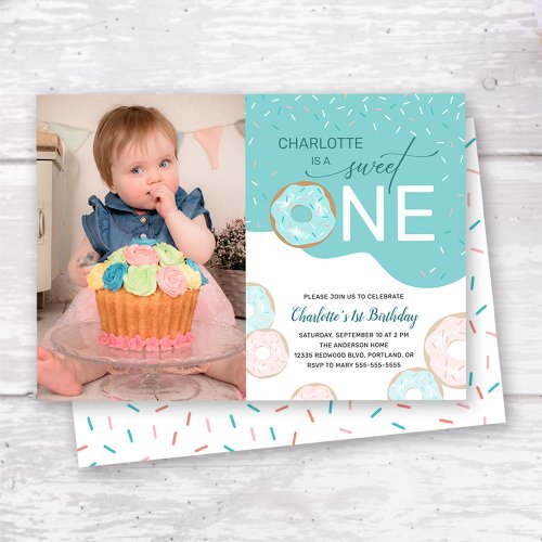 Sweet One Teal Frosting Photo Girls 1st Birthday Invitation