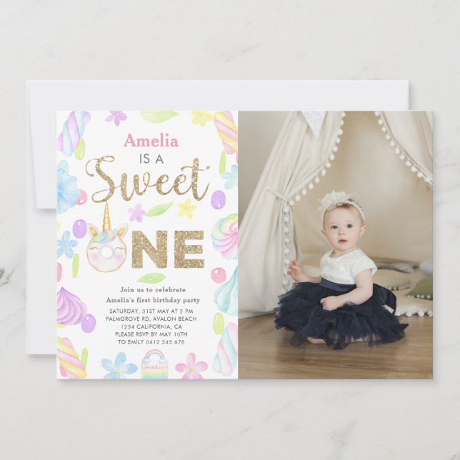 Sweet One Unicorn Donut Photo 1st Birthday Invitation (Front)