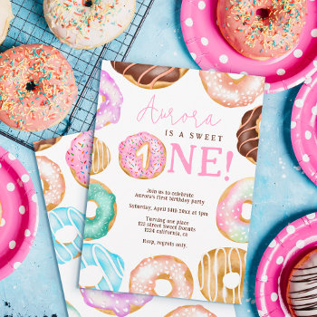 Sweet One Watercolor Cute Donuts 1st Birthday  Invitation by girly_trend at Zazzle