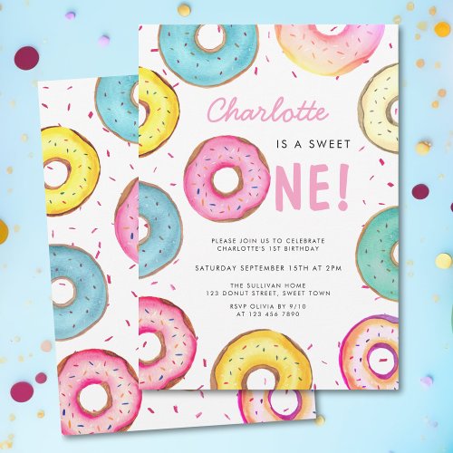 Sweet One Watercolor Cute Donuts 1st Birthday  Invitation
