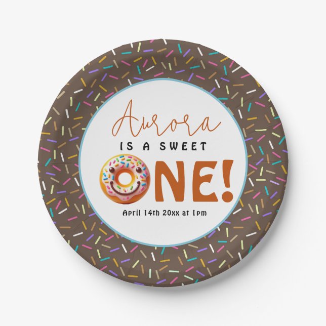 Sweet One watercolor cute donuts 1st birthday Paper Plates (Front)