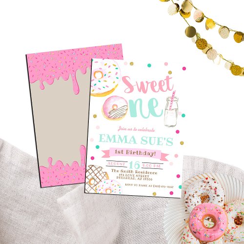 Sweet One Watercolor Donut 1st Birthday Invitation