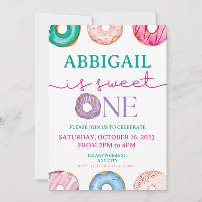 Sweet One watercolor donuts 1st birthday  Invitation (Front)