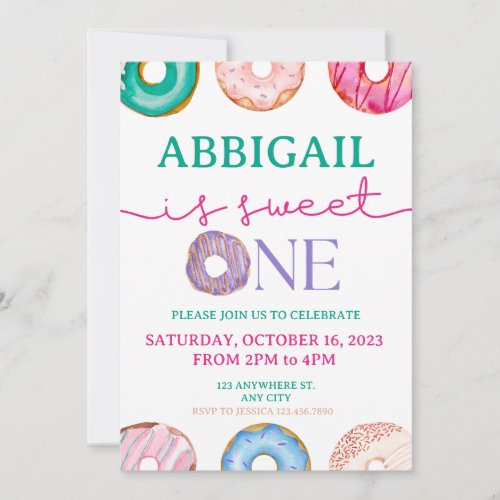 Sweet One watercolor donuts 1st birthday  Invitation