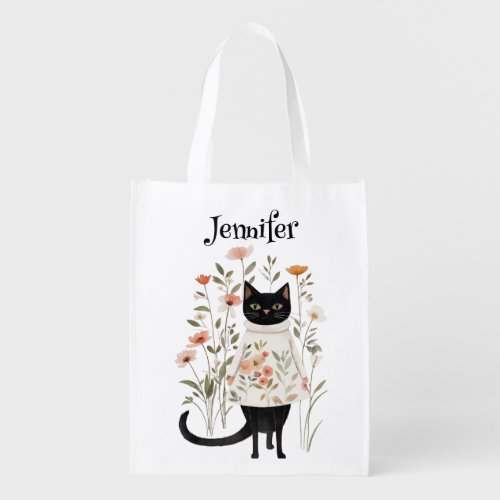 Sweet Orange Blossoms Black Cat Grocery Bag