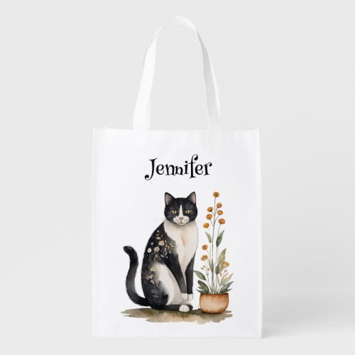 Sweet Orange Blossoms Black Cat Grocery Bag