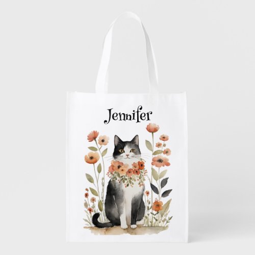 Sweet Orange Blossoms Black Cat Grocery Bag