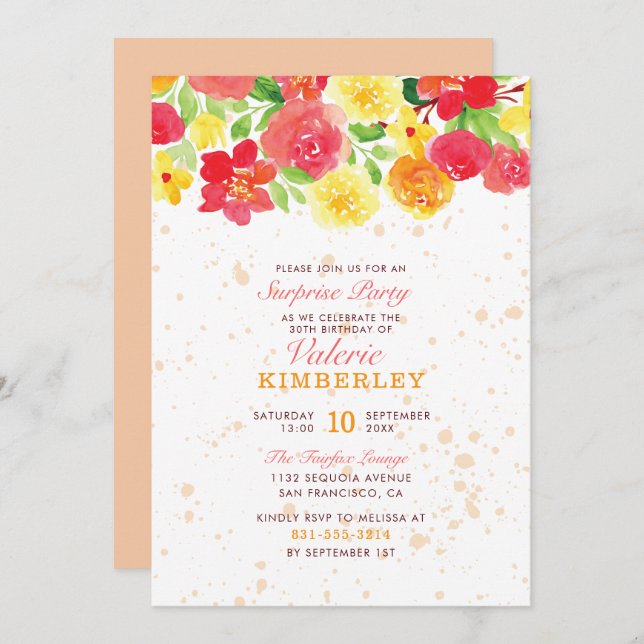 Sweet Orange Botanical Roses Spring Surprise Party Invitation (Front/Back)