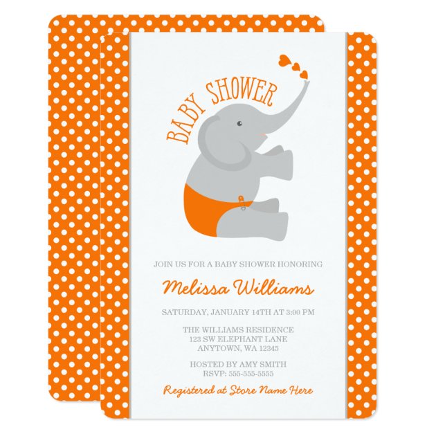 Sweet Orange Gray Elephant Baby Shower Invitations