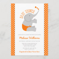 Sweet Orange Gray Elephant Baby Shower Invitations