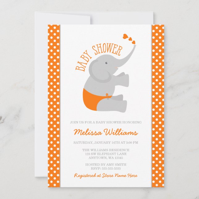 Sweet Orange Gray Elephant Baby Shower Invitations (Front)