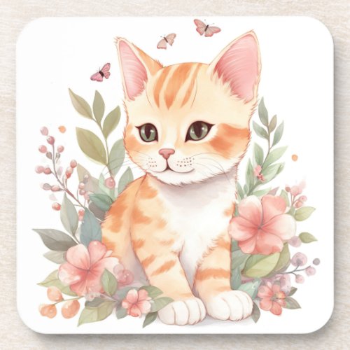 Sweet Orange Tabby Kitten with Flowers Watercolor Beverage Coaster