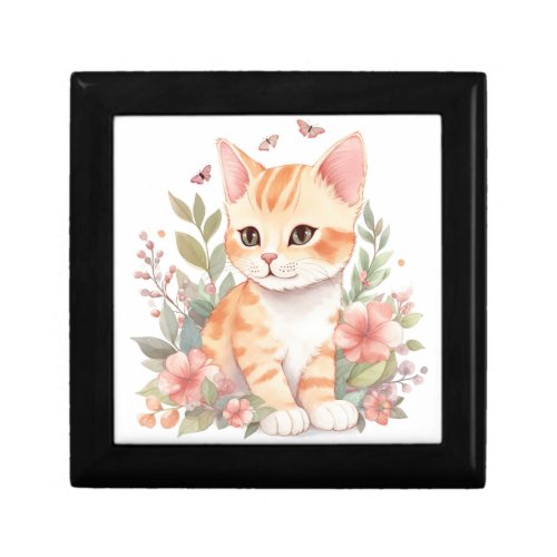 Sweet Orange Tabby Kitten with Flowers Watercolor Gift Box