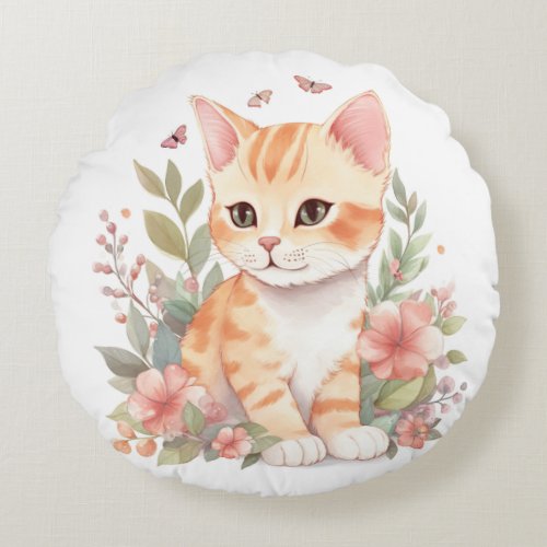 Sweet Orange Tabby Kitten with Flowers Watercolor Round Pillow