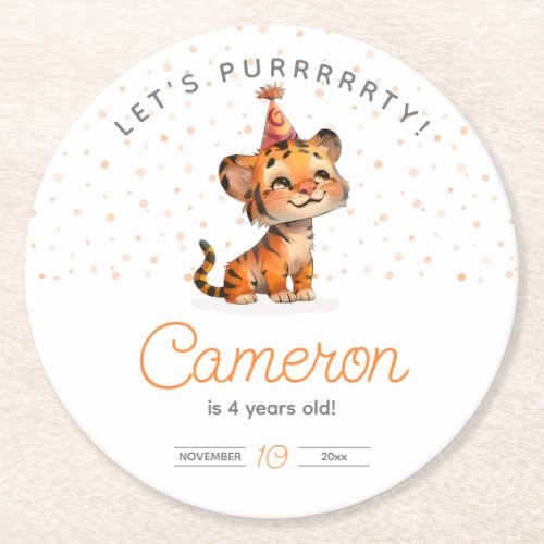 Sweet orange tiger kidâs birthday celebration  round paper coaster