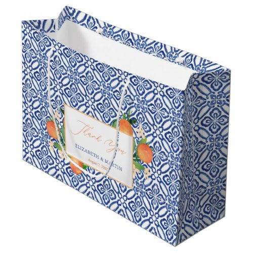 Sweet Oranges And Blue White Tile Wedding Large Gift Bag