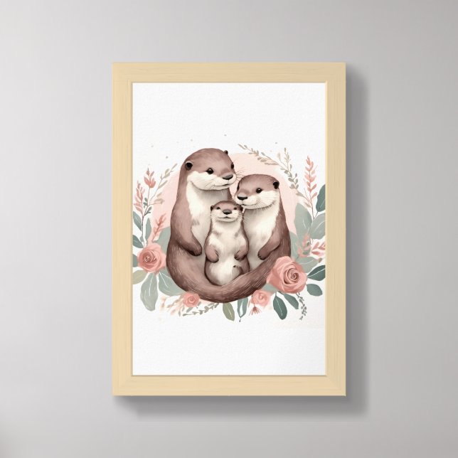 Sweet Otter Family  Sage and Dusty Rose Boho Framed Art (Framed Front)