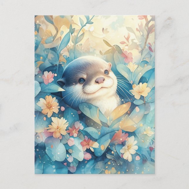 Sweet Otter in Blue Botanical Meadow Postcard (Front)