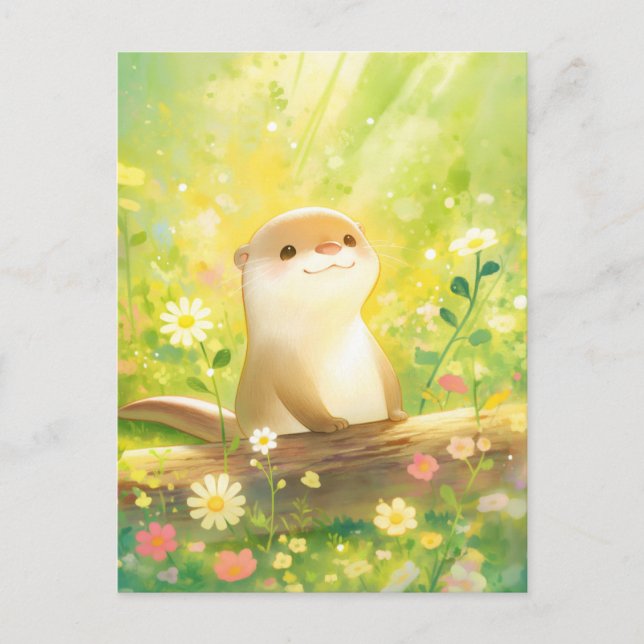 Sweet Otter in Sunny Wildflower Meadow Postcard (Front)