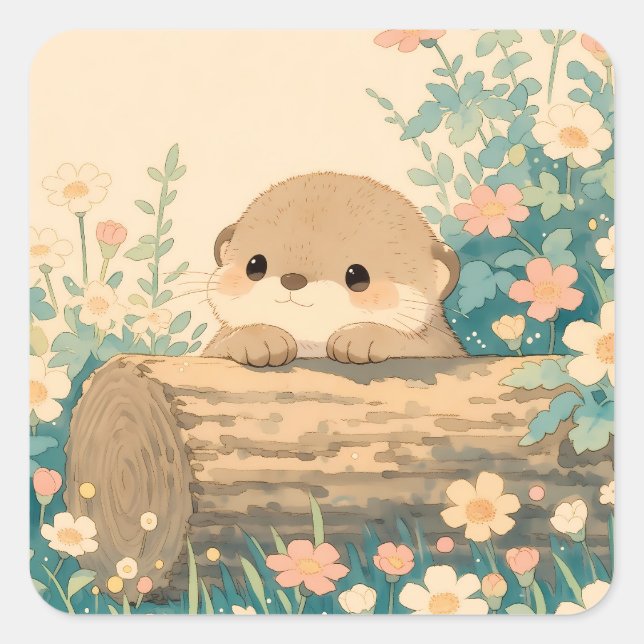 Sweet Otter Resting on Hollow Log Square Sticker (Front)