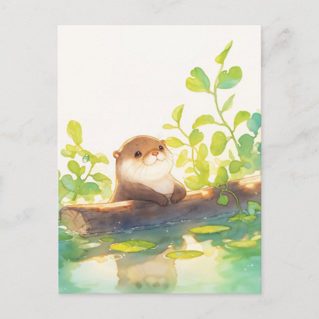 Sweet Otter Resting on Mossy River Log Postcard (Front)