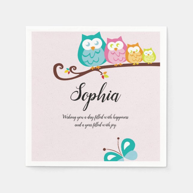 sweet owl and butterfly   birthday napkins (Front)