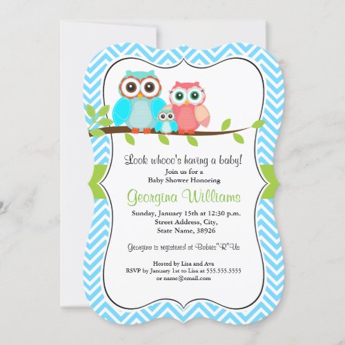 Sweet Owl Baby Shower Invitation  Blue Green
