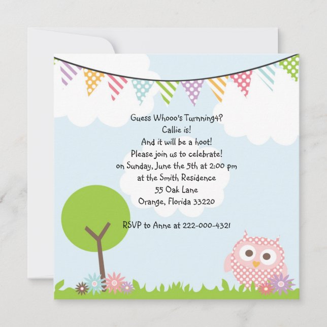 Sweet Owl Birthday Party Invitation (Front)