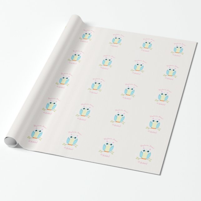 Sweet Owl Birthday Wrapping Paper (Unrolled)