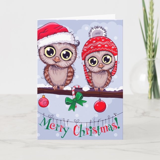 Sweet Owl in Christmas Holiday Card (Front)