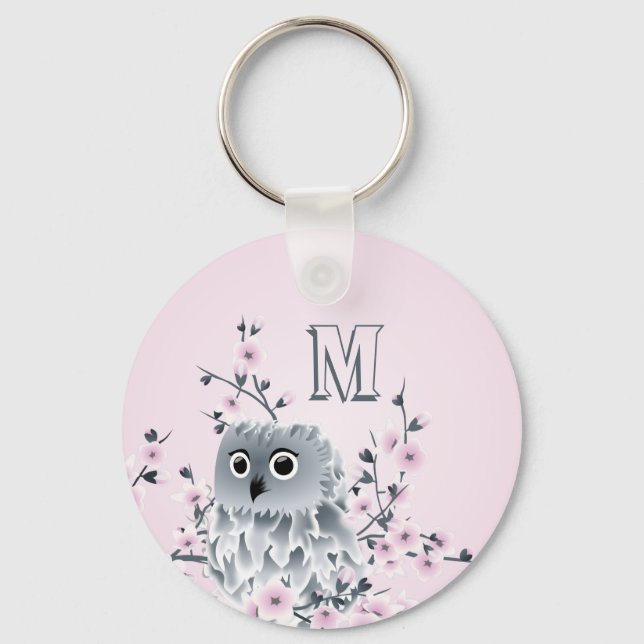 Sweet Owl Pink Girly Monogram Keychain (Front)