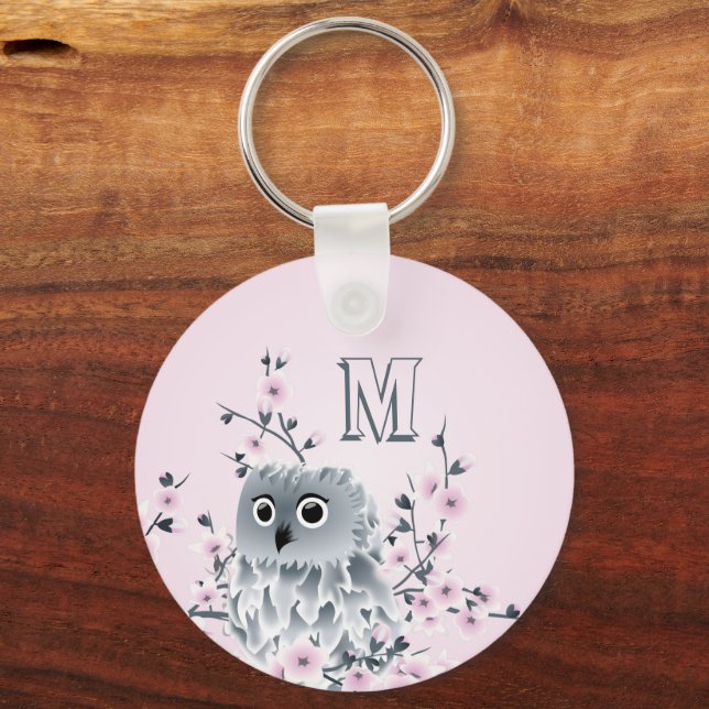 Sweet Owl Pink Girly Monogram Keychain (Back)