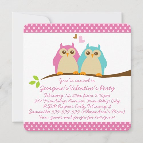 Sweet Owls in Love Pink Kids Valentines Party Invitation